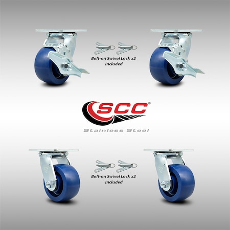 Service Caster 4 Inch SS Solid Poly Caster Set with Ball Bearings 4 Swivel Lock 2 Brake SCC SCC-SS30S420-SPUB-TLB-BSL-2-BSL-2